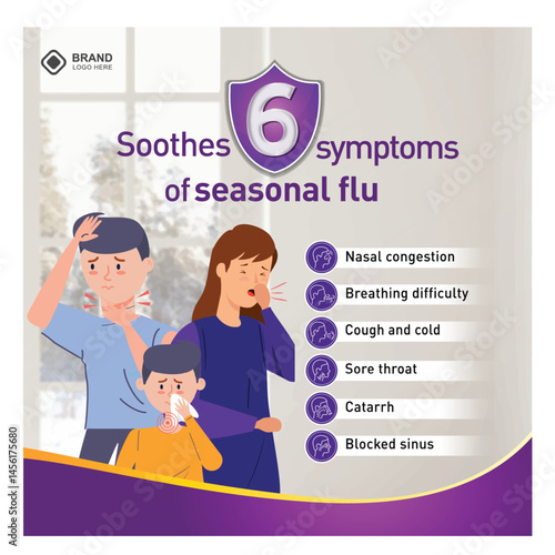 Family of four have caught bad cold all together. Sick mom, dad and children in warm clothes and plaids sitting on couch in living room and sneezing in paper handkerchiefs. Winter, flu concept