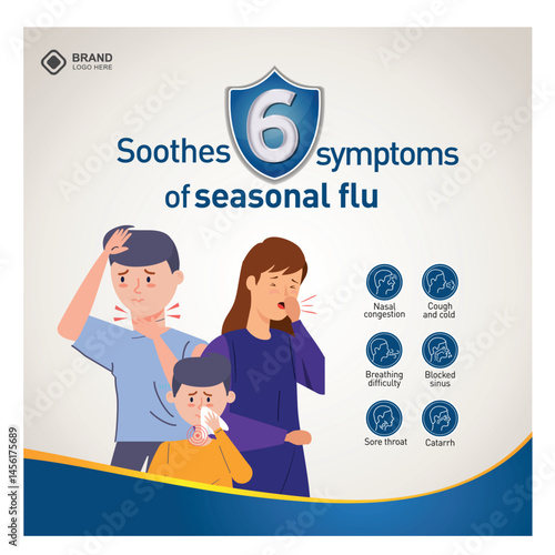 Family of four have caught bad cold all together. Sick mom, dad and children in warm clothes and plaids sitting on couch in living room and sneezing in paper handkerchiefs. Winter, flu concept
