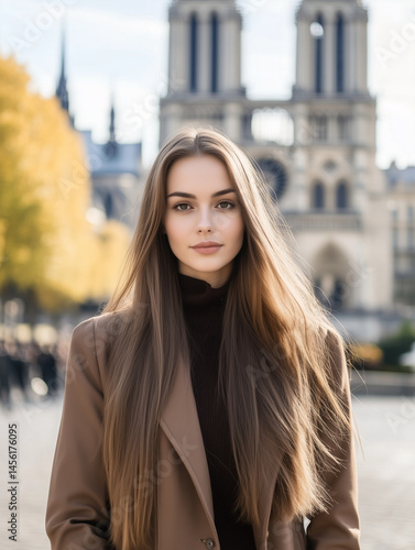 Businesswoman posing in front of notre dame cathedral in paris