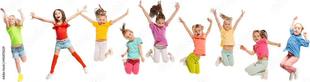 Group of children jump mid-air in colorful bright outfits,having fun and joy isolated on transparent background. Concept of childhood, friendship, early development