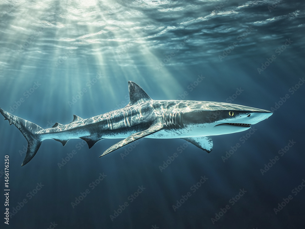 Fototapeta premium Oceanic whitetip shark swimming in sunlit deep blue water