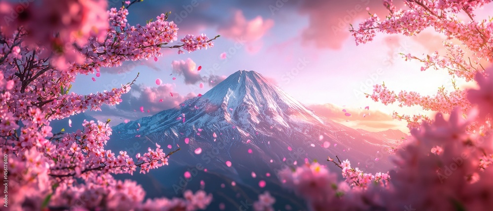Mount fuji reflecting at sunset with cherry blossoms in pink bloom
