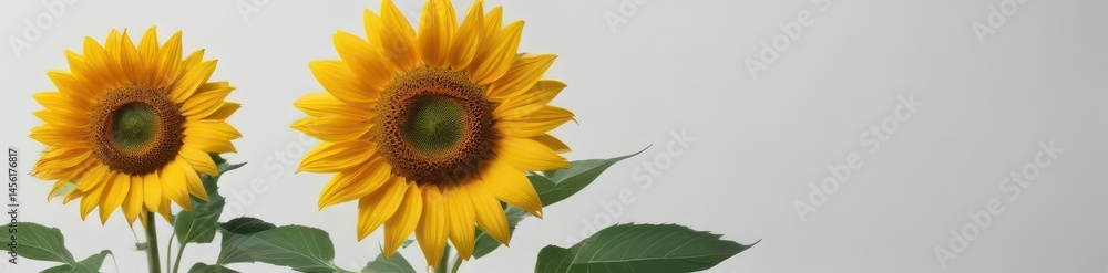 Naklejka premium Bright yellow sunflower, dark center, green leaves Isolated on clean white backdrop , background, white, sunflower