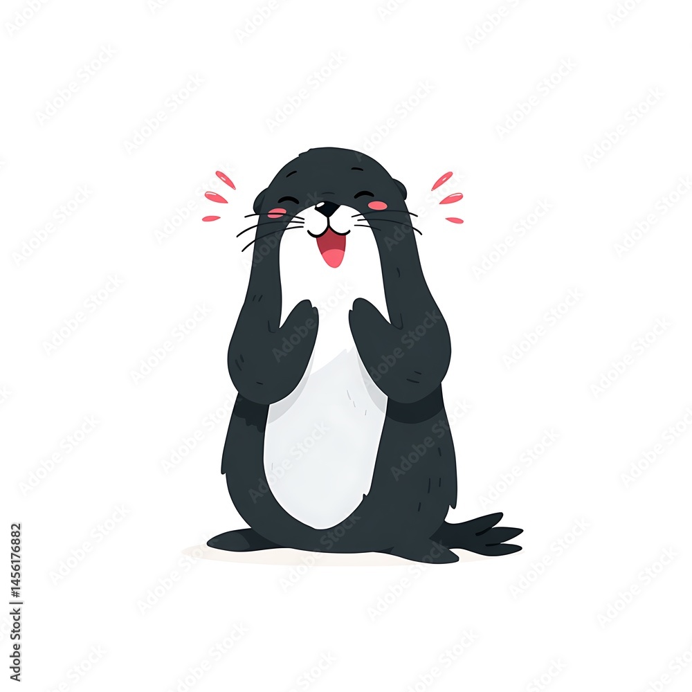 Obraz premium Cartoon otter bursts with laughter, hands to face, eyes closed in joyful expression on a white background