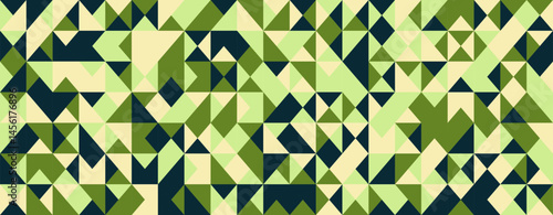 Abstract geometric textile design.  A vibrant, versatile pattern featuring a mosaic of triangles in olive green, pale yellow, and navy.