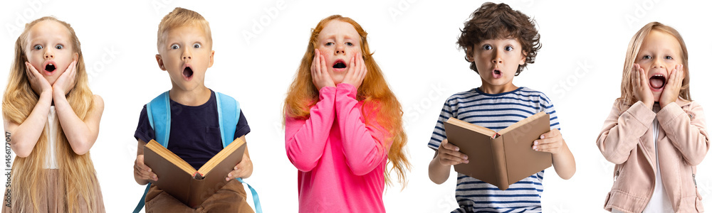 Collage of portraits of little and happy kids, preschool girls and boy isolated on transparent background. Education, human emotions, facial expression concept. Look shocked, surprised.