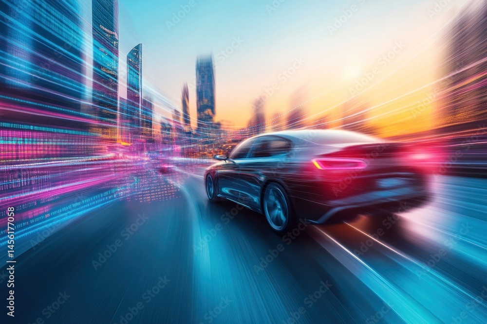 Fototapeta premium Fast car on a digital city street