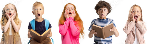 Obraz na płótnie Collage of portraits of little and happy kids, preschool girls and boy isolated on transparent background. Education, human emotions, facial expression concept. Look shocked, surprised. w salonie