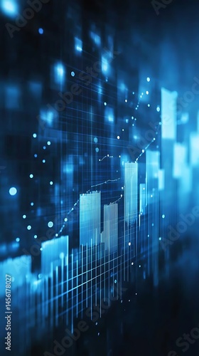 Rising bar graph with glowing dots and lines on a dark background, showcasing data and statistics