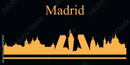 Yellow silhouette of Madrid, Spain city skyline on black background. Vector