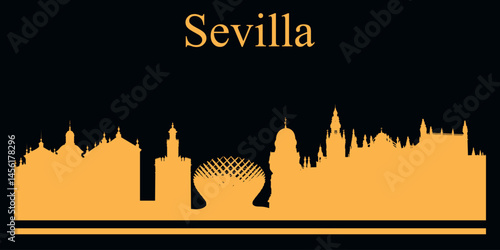 Yellow silhouette of Sevilla, Spain city skyline on black background. Vector
