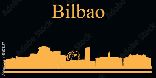 Yellow silhouette of Bilbao, Spain city skyline on black background. Vector