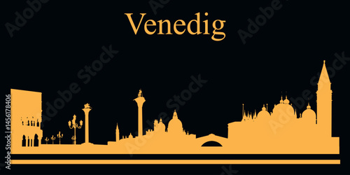 Yellow silhouette of Venedig, Italy  city skyline on black background. Vector