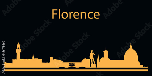 Yellow silhouette of Florence, Italy city skyline on black background. Vector