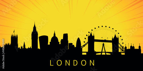 A silhouette of the skyline of London, England against the backdrop of the sunset. The sun is low above the horizon, emitting orange-yellow light with rays that diverge upward.