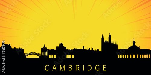 A silhouette of the skyline of Cambridge,  UK against the backdrop of the sunset. The sun is low above the horizon, emitting orange-yellow light with rays that diverge upward.