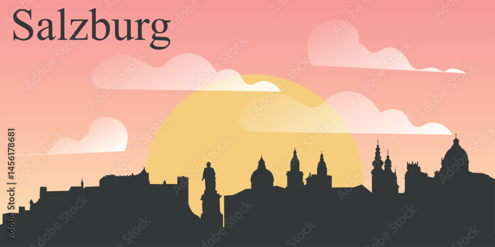 Fototapeta premium The skyline of the city of Salzburg, Austria on the background of the big yellow sunset on the pink sky with clouds.