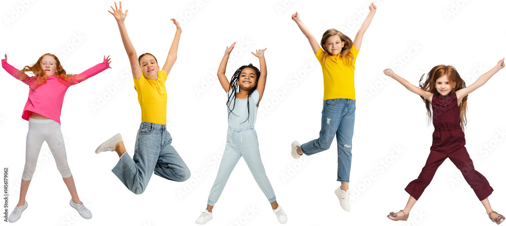 Group of kids in casual clothing jumping with expressive faces, showing joy isolated on transparent background. Concept of childhood, fun, leisure, friendship, early development. Banner