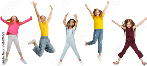 Obraz na płótnie Group of kids in casual clothing jumping with expressive faces, showing joy isolated on transparent background. Concept of childhood, fun, leisure, friendship, early development. Banner w salonie