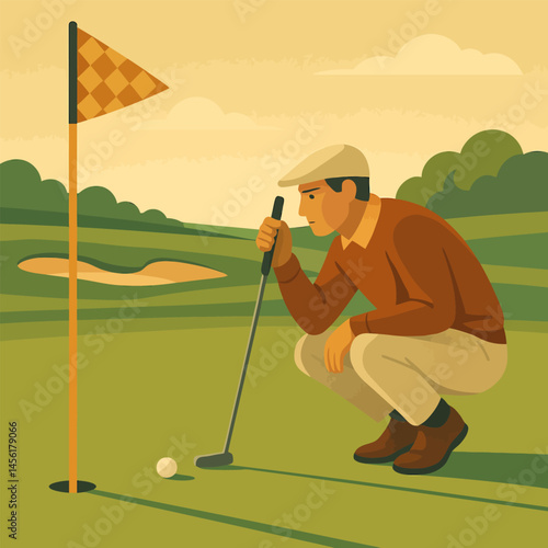 Golfer Squatting to Line Up a Putt Near the Hole on Green