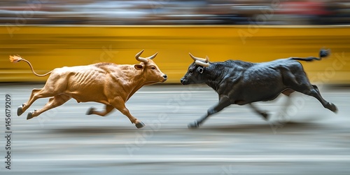 Motion blur shot of two bulls, one tan, one black, charging side by side with focused aggression