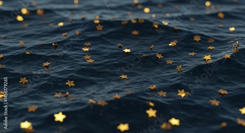 Golden Stars Floating on Dark Blue Water Surface Sparkling