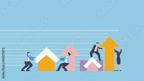 Team Collaboration Pushing for Growth Success and Progress Upward with Colorful Arrows Flat Design