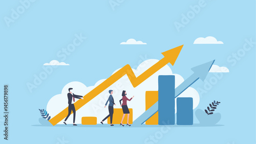 Team collaboration drives business growth soaring upwards on a dynamic upward trajectory achieving