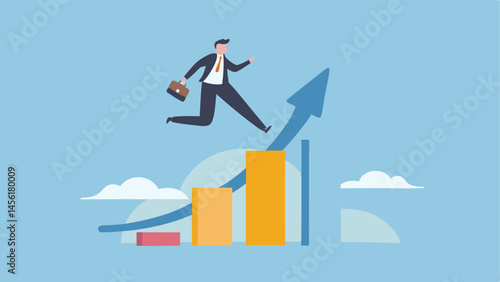 Businessman leaping towards growth ambitious jump on upward trending bar graph achieving success