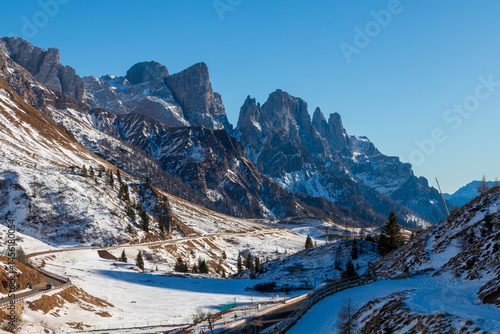 Beautiful winter view of Passo Rolle in San Martino di Castrozza