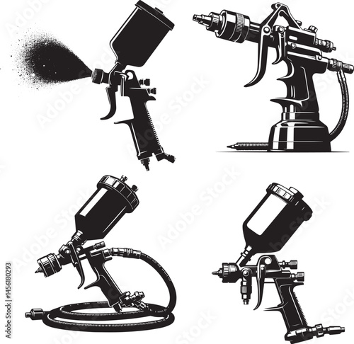 Black and White Silhouette Set of Spray Guns – Standard, HVLP, Airless, and Mist Release Types