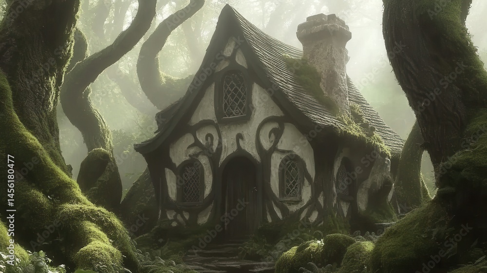 Fototapeta premium Enchanted forest cottage home enveloped by ethereal light and ancient trees fairytale dwelling in magical misty woodland scenery