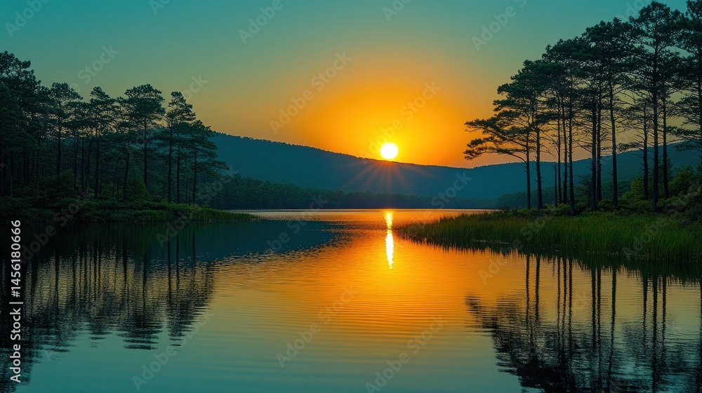 Naklejka premium Sunrise over serene lake with pine trees
