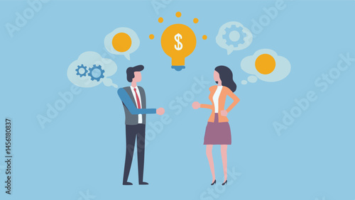 Business partners brainstorming innovative financial ideas shaking hands bright blue background flat