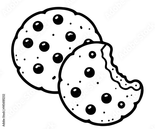 two chocolate chip cookies, one partially bitten – sweet dessert, baked goods, snacks, homemade treats, classic food