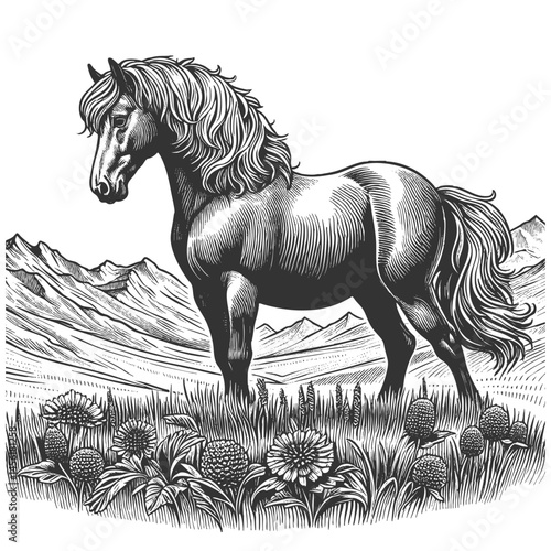 horse peacefully grazing in scenic alpine meadow mountain landscape, wildflowers and pine trees in etching style sketch engraving generative ai vector illustration. Scratch board. Black and white.