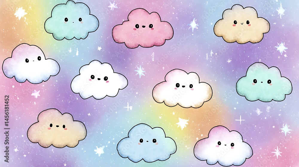 Kawaii cloud pattern, pastel colored sky design Kawaii cloud pattern, pastel colored sky design