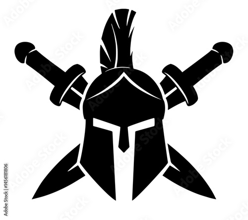 Spartan or Roman warrior helmet with plume, crossed swords behind, sharp angular visor and pointed cheek guards – symbol of ancient battle, strength, military honor, warrior spirit, and historical