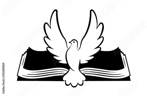 open Bible with dove rising from its pages, wings spread in flight – Christian symbol of the Holy Spirit, faith, peace, gospel teachings, church worship, and spiritual inspiration
