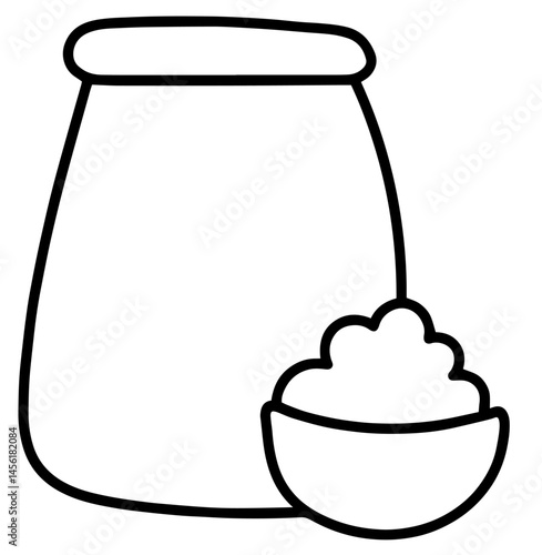 Large Sack and Small Bowl Filled with Granular Substance – Grain, Flour, Sugar or Salt Storage, Food Ingredient, Agriculture or Cooking 