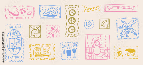 Set of postage with ink italian food and summer vibe in doodle outline style. Label with tropical fruits and fish. Travel stamp retro graphic