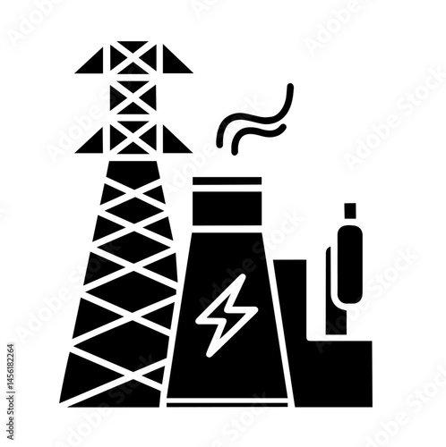 Power Plant with Lightning Symbol Tower, Smokestack, and Transmission Tower – Energy Production, Industrial Electricity, Power Generation, Infrastructure, Environmental Impact