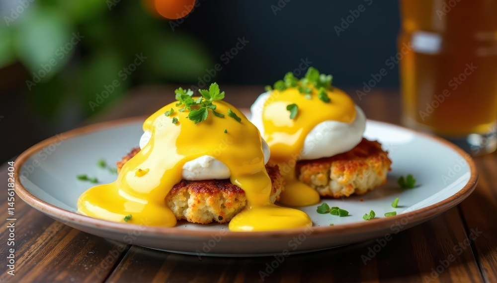 Classic Eggs Benedict Chesapeake variation, featuring crab cakes, breakfast, eggs Classic Eggs Benedict Chesapeake variation, featuring crab cakes, breakfast, eggs