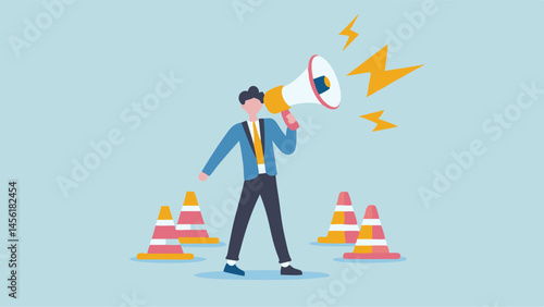 Urgent announcement Man using megaphone near traffic cones Flat design illustration with bold colors