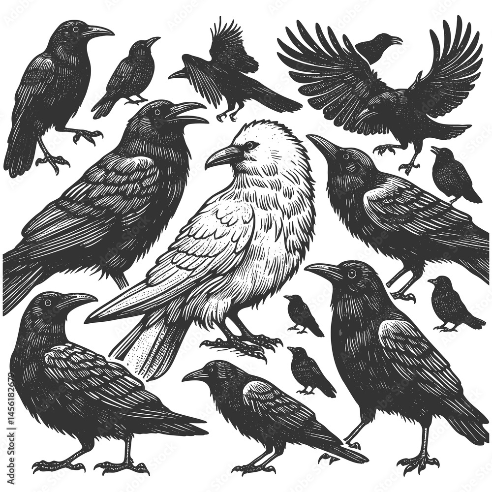 Obraz premium rare white crow surrounded by black crows, symbolizing uniqueness, nonconformity, and standing out from the crowd sketch engraving generative ai raster illustration. Scratch board. Black and white.