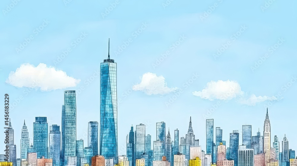 Fototapeta premium Vibrant Skyline Painted Cityscape with Modern High-Rise Buildings and Tranquil Cloudy Skies Urban Dream in Watercolor Style