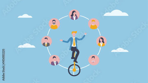 Businessman balancing team on unicycle project management teamwork success challenge leadership