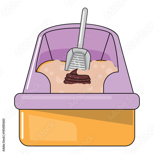 Modern animal litter tray with cleaning tool, vector illustration for cat care and cleanliness themes