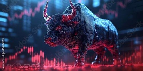 A black bull statue stands before a financial chart, highlighted in vibrant red and blue colors