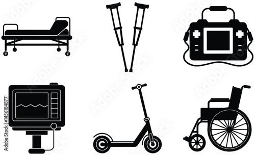 Medical Support Equipment Silhouette Vector Set – Hospital Bed, Wheelchair, Defibrillator

